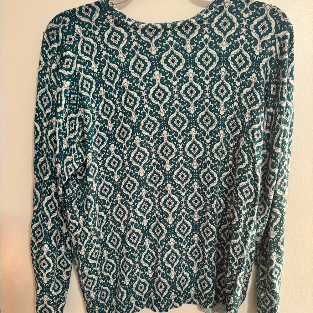 Daniel Rainn Aria Paisley Teal and White V-Neck Pullover Sweater XL